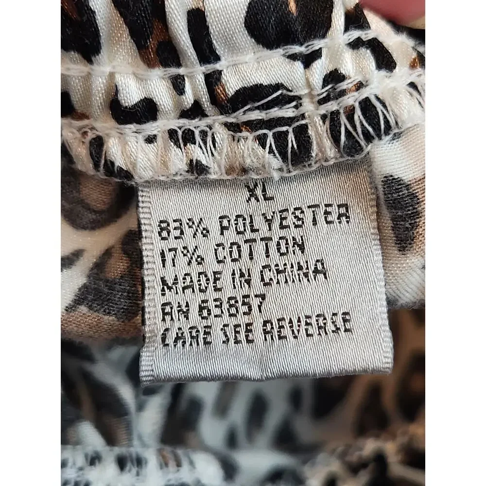 Kathryn Leopard Print Pajama Set XL Satin‎ Feel Red Trim Button Front Lounge